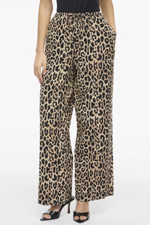 wide leg panterprint broek met linnen lichtbruin