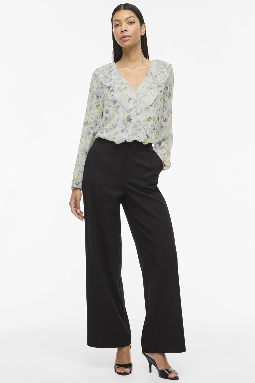 Ecru en paarse dames VILA top van polyester met effen, lange mouwen, V-hals en volant