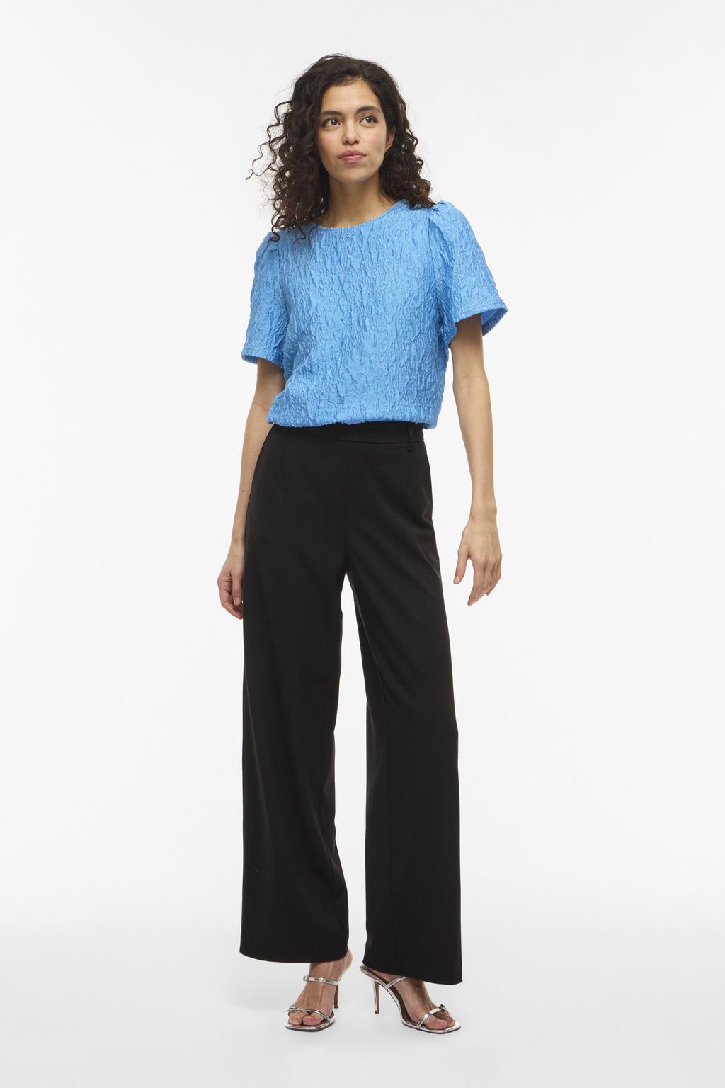 Blauwe dames VILA top van polyester met effen, korte mouwen, ronde hals en jacquard