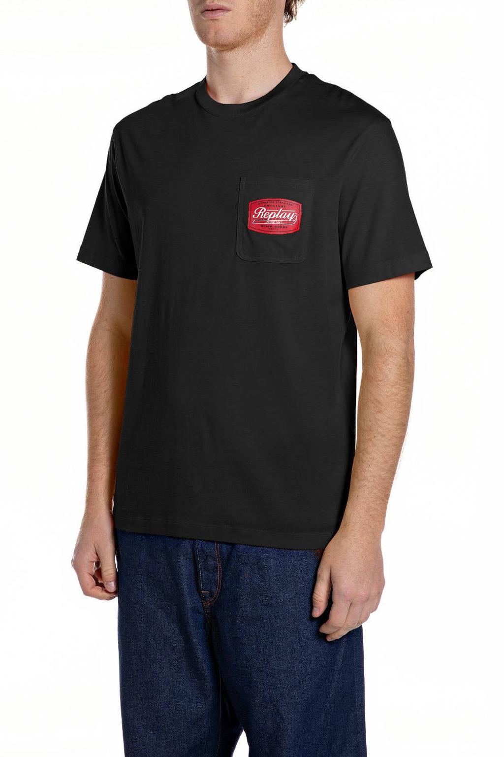 Zwarte heren REPLAY regular T-shirt van katoen met logo dessin, korte mouwen en ronde hals