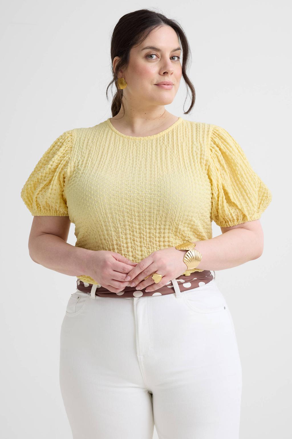 Lichtgele dames GREAT LOOKS top met effen, korte mouwen, ronde hals en textuur