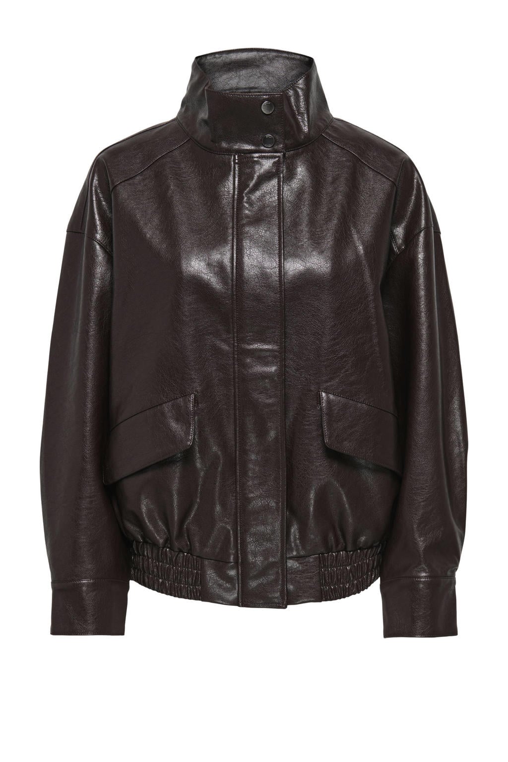 Donkerblauwe dames ONLY CARMAKOMA bomberjack van viscose met effen, lange mouwen, opstaande kraag en elastische boord