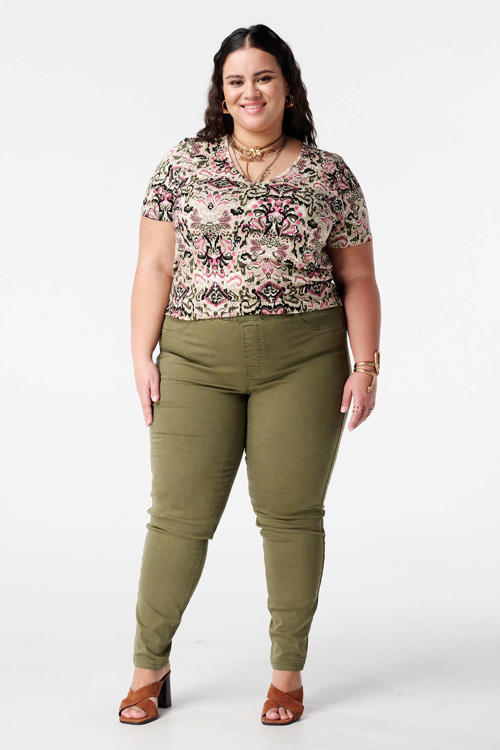 Groene dames MS Mode super skinny high waist broek van katoen met elastische tailleband en effen