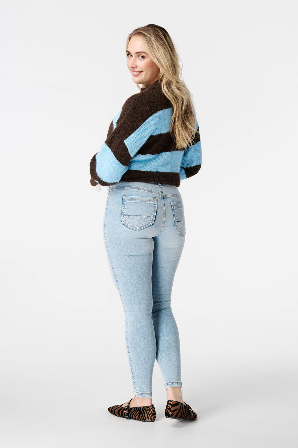 Light blue denim dames MS Mode skinny high waist broek van katoen met elastische tailleband en effen