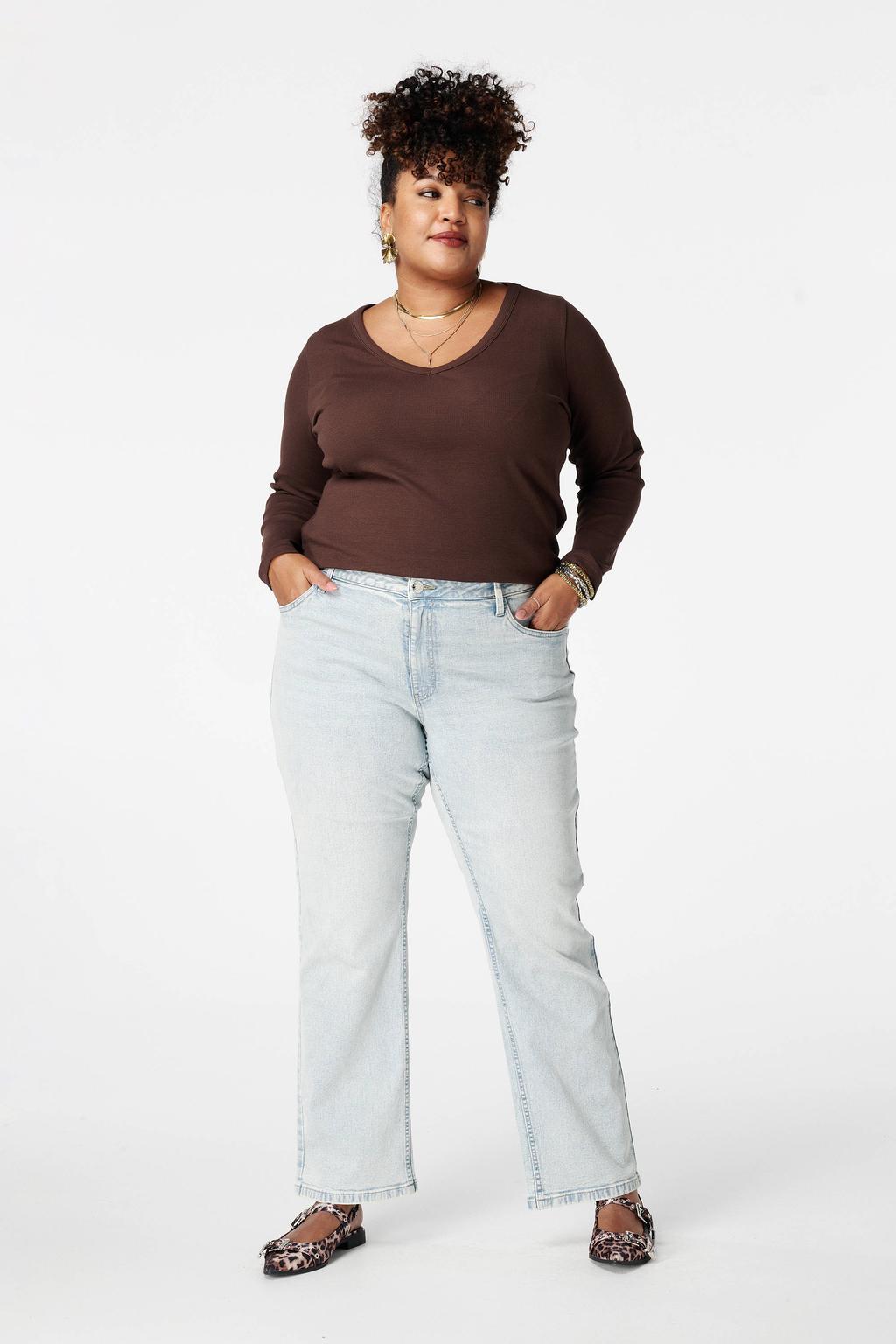Light blue denim dames MS Mode high waist wide leg jeans van denim met rits- en knoopsluiting en effen