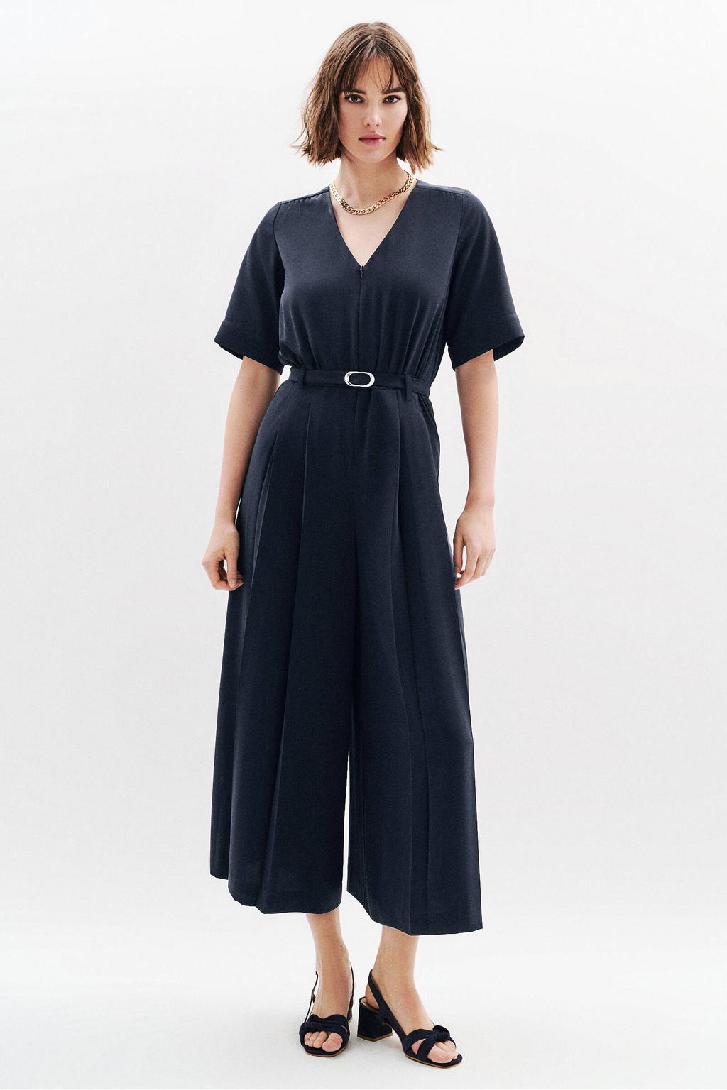 Marineblauw dames Caroll jumpsuit blauw van polyester met effen, half lange mouwen, V-hals, ritssluiting en ceintuur