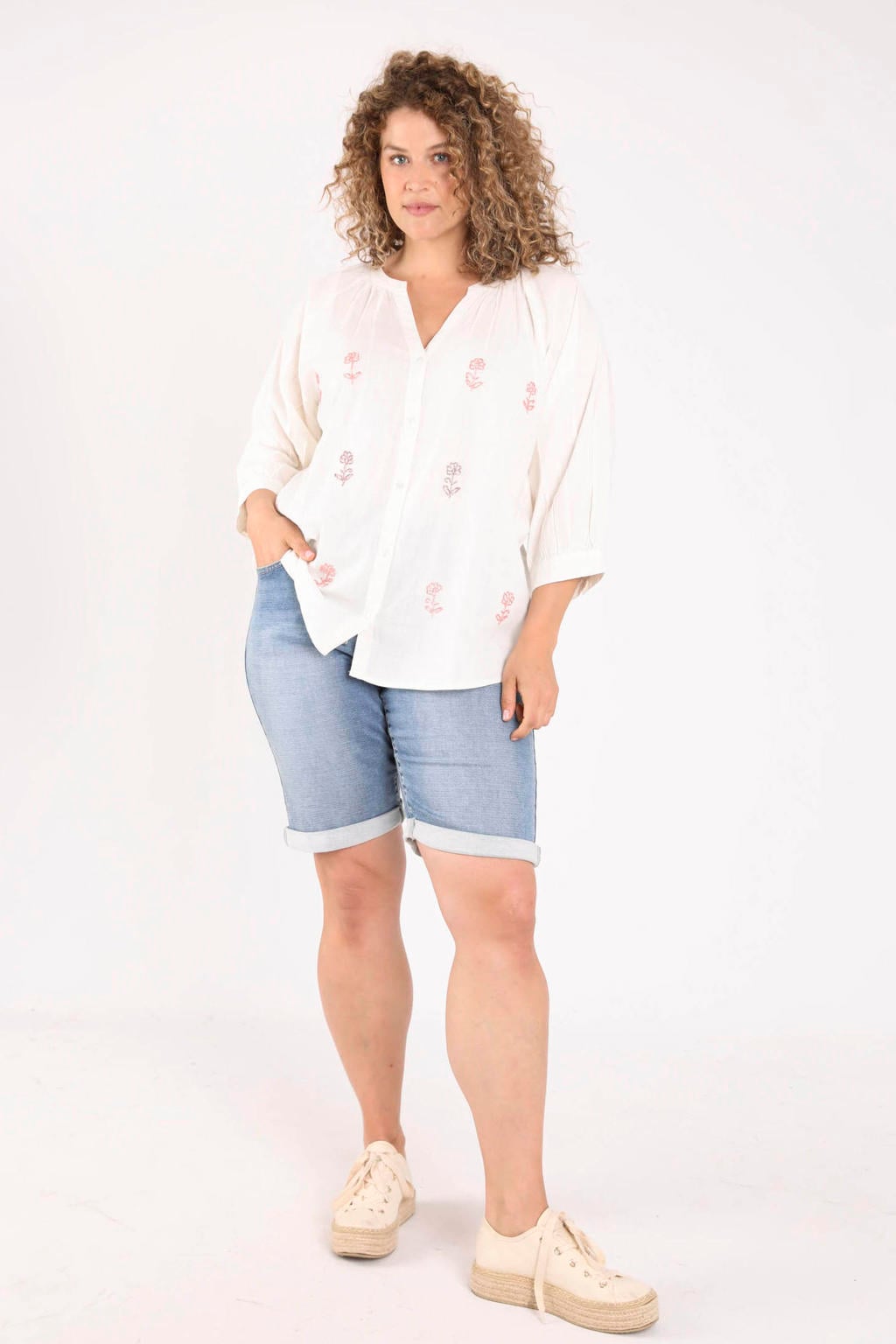 Paprika gebloemde top met borduursels Plus Size - ecru