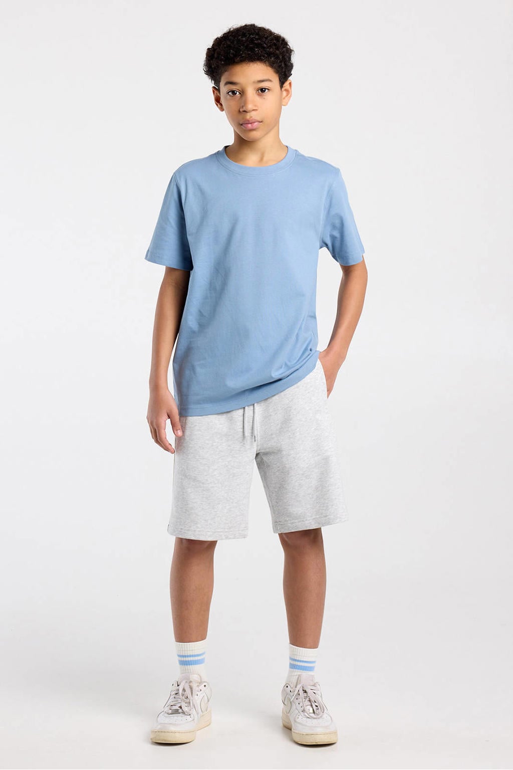 Lichtgrijze jongens America Today sweatshort met elastische tailleband met koord en effen