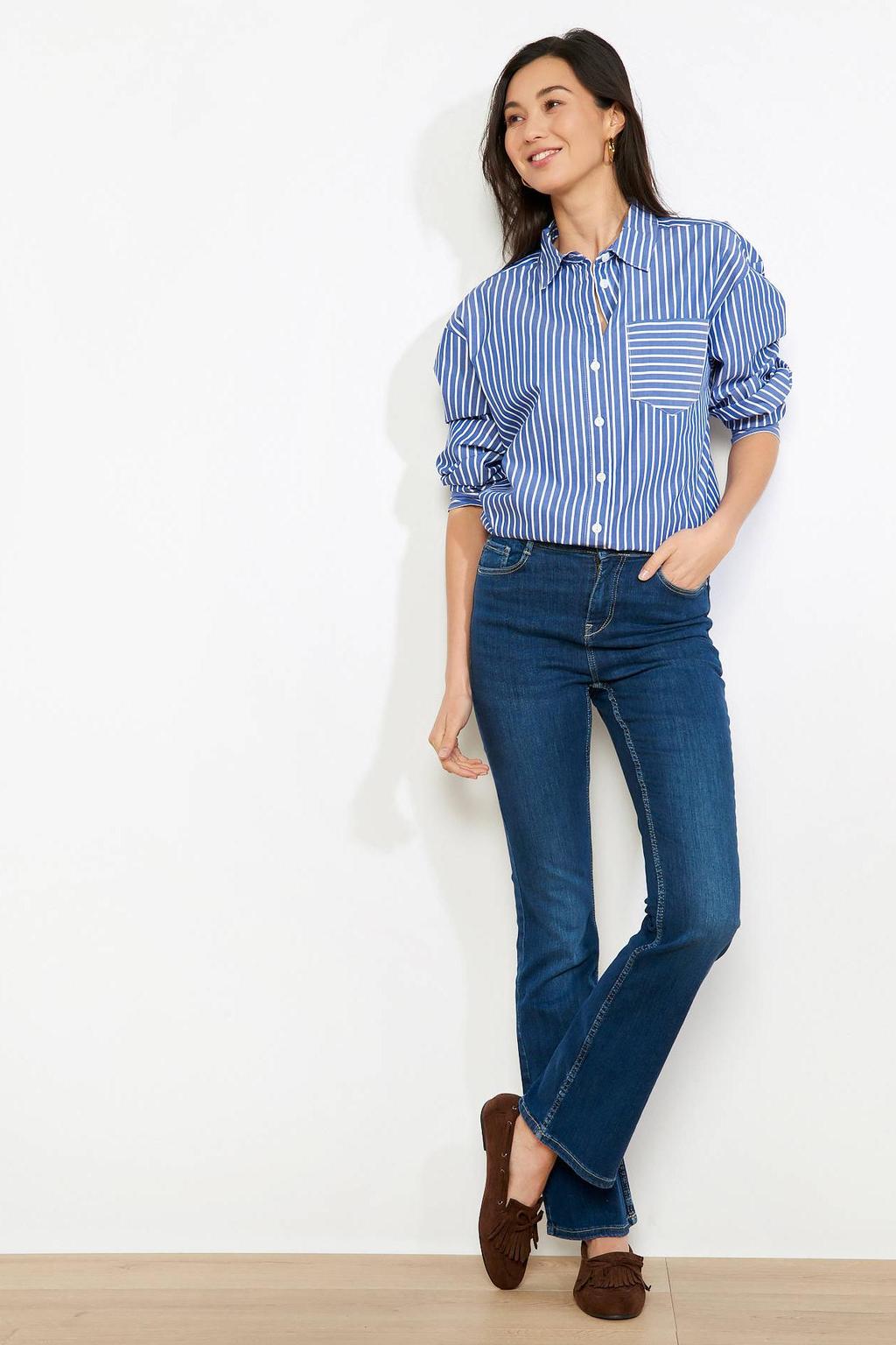 Donkerblauwe dames LOLALIZA gestreepte blouse met lange mouwen, klassieke kraag en knoopsluiting
