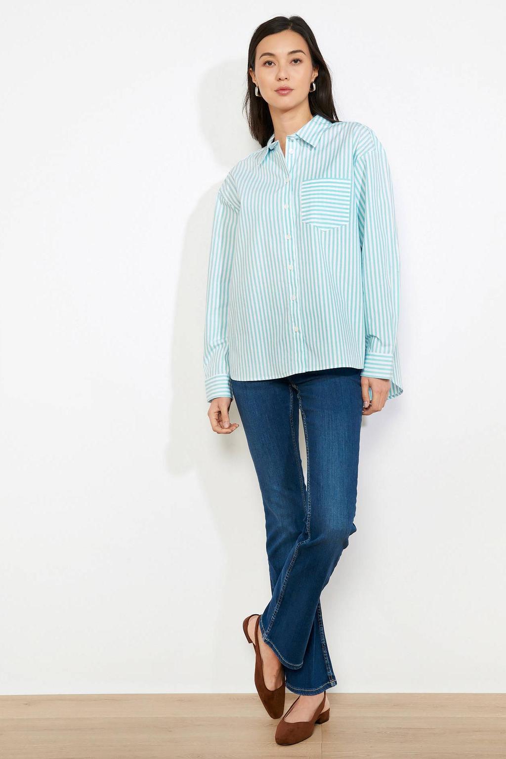 Turquoise dames LOLALIZA gestreepte blouse met lange mouwen, klassieke kraag en knoopsluiting