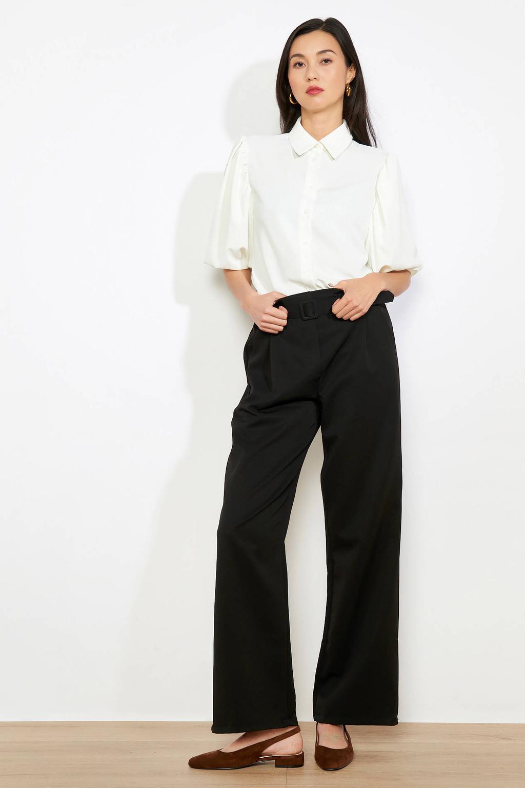 Zwarte dames LOLALIZA wide leg regular waist broek met gesp en effen