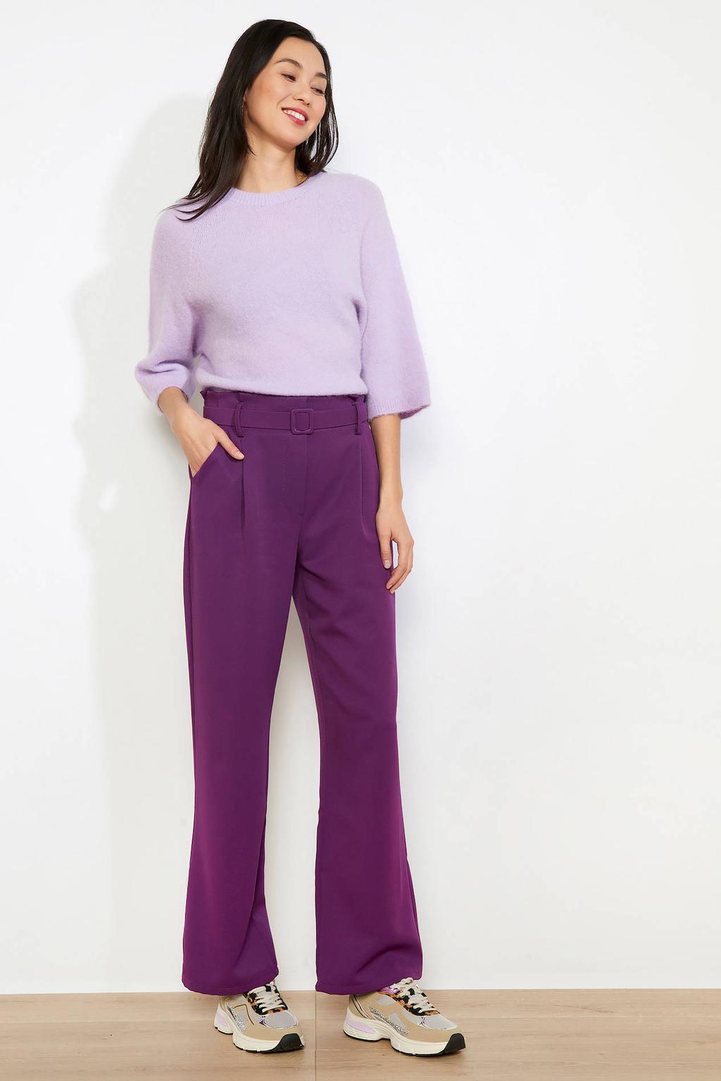 Paarse dames LOLALIZA wide leg regular waist broek met gesp en effen