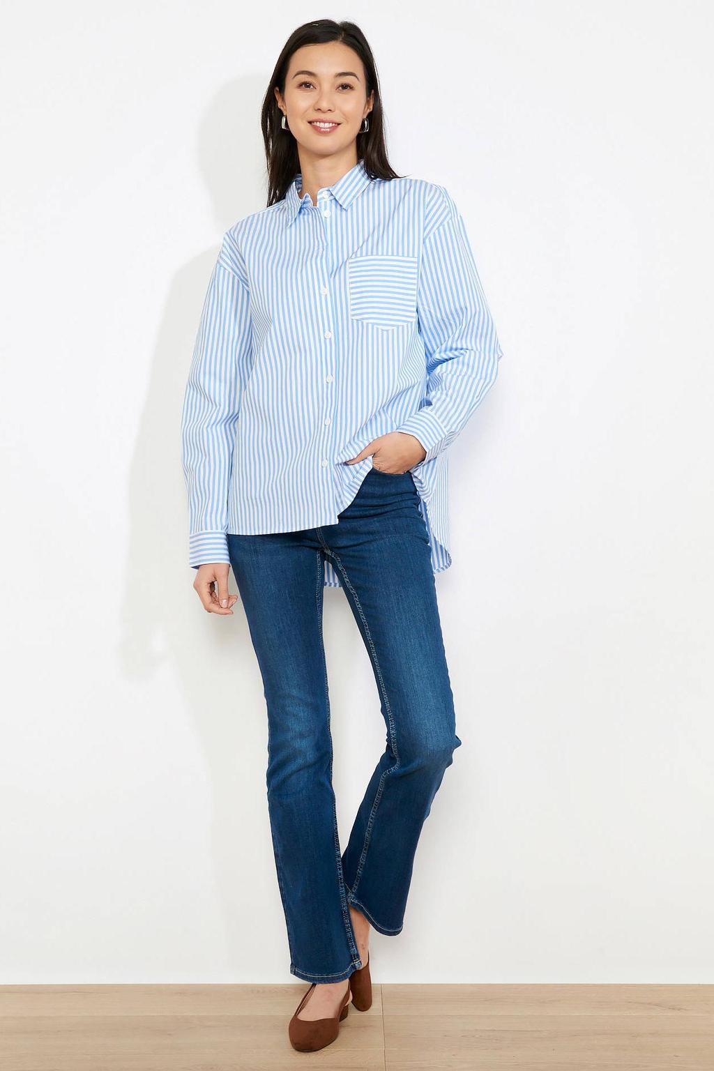 Blauwe dames LOLALIZA gestreepte blouse met lange mouwen, klassieke kraag en knoopsluiting