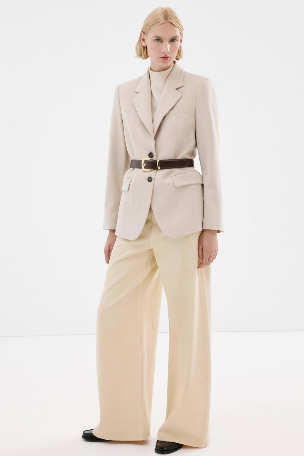Beige dames Mango wide leg jeans van denim met high waist, rits- en knoopsluiting en effen