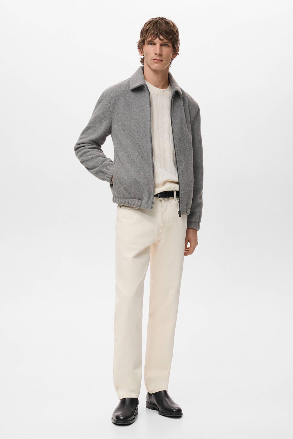 Grijze heren Mango Man fleecevest van sweat materiaal met effen, lange mouwen, klassieke kraag en ritssluiting