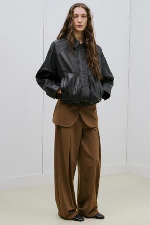 wide leg high waist pantalon met krijtstreep bruin