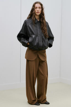 wide leg high waist pantalon met krijtstreep bruin
