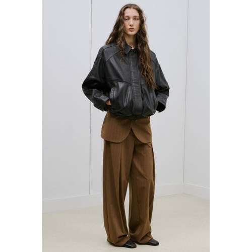 Mango wide leg high waist pantalon met krijtstreep bruin afbeelding
