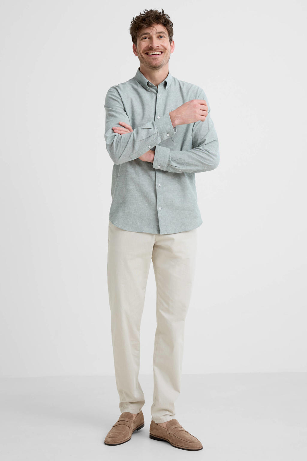Groene heren Matinique regular casual overhemd van linnen met melée print, lange mouwen, button down sluiting en knoopsluiting