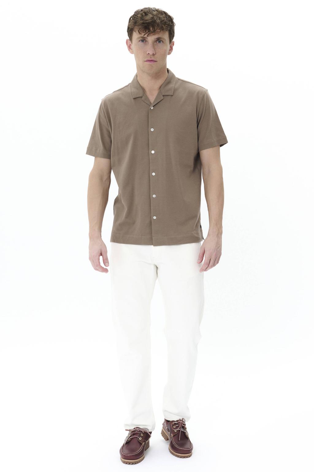 Taupe heren Matinique regular casual overhemd van katoen met effen, korte mouwen, reverskraag en knoopsluiting