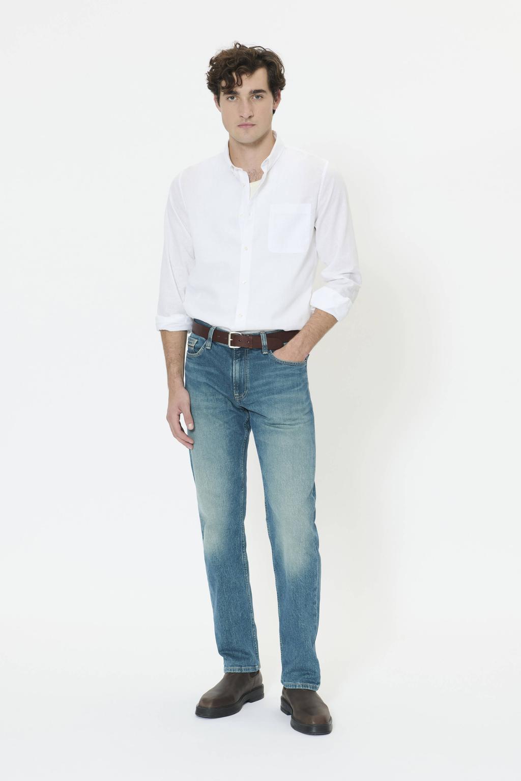Witte heren Matinique regular casual overhemd van linnen met melée print, lange mouwen, button down sluiting en knoopsluiting