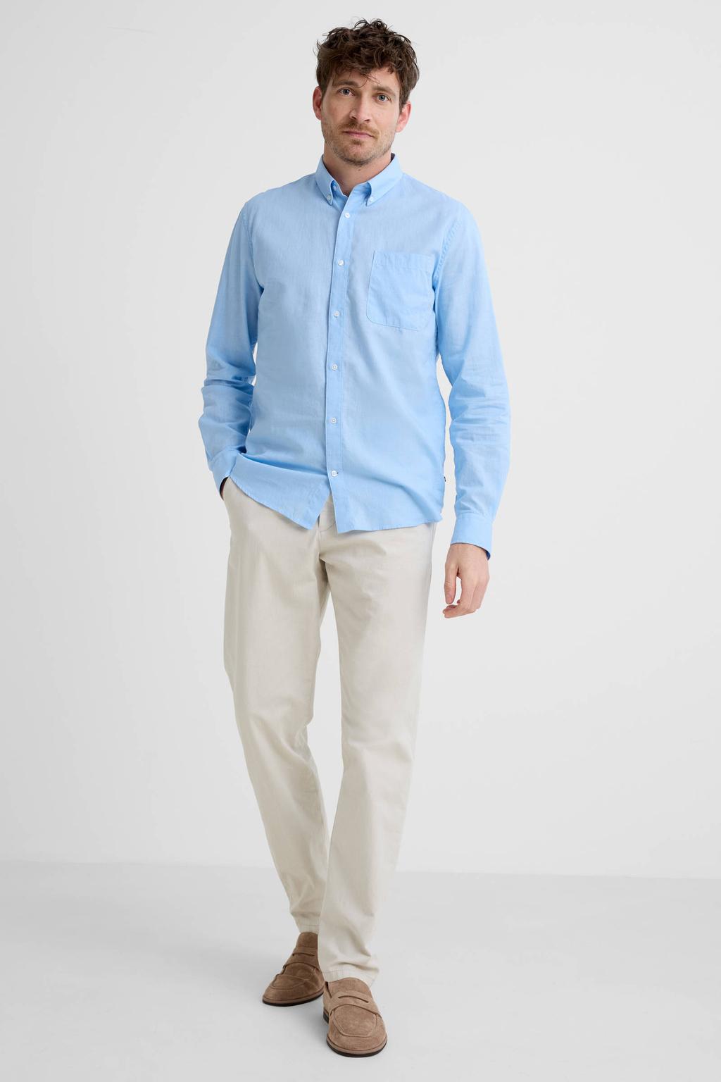 Lichtblauwe heren Matinique regular casual overhemd van linnen met melée print, lange mouwen, button down sluiting en knoopsluiting