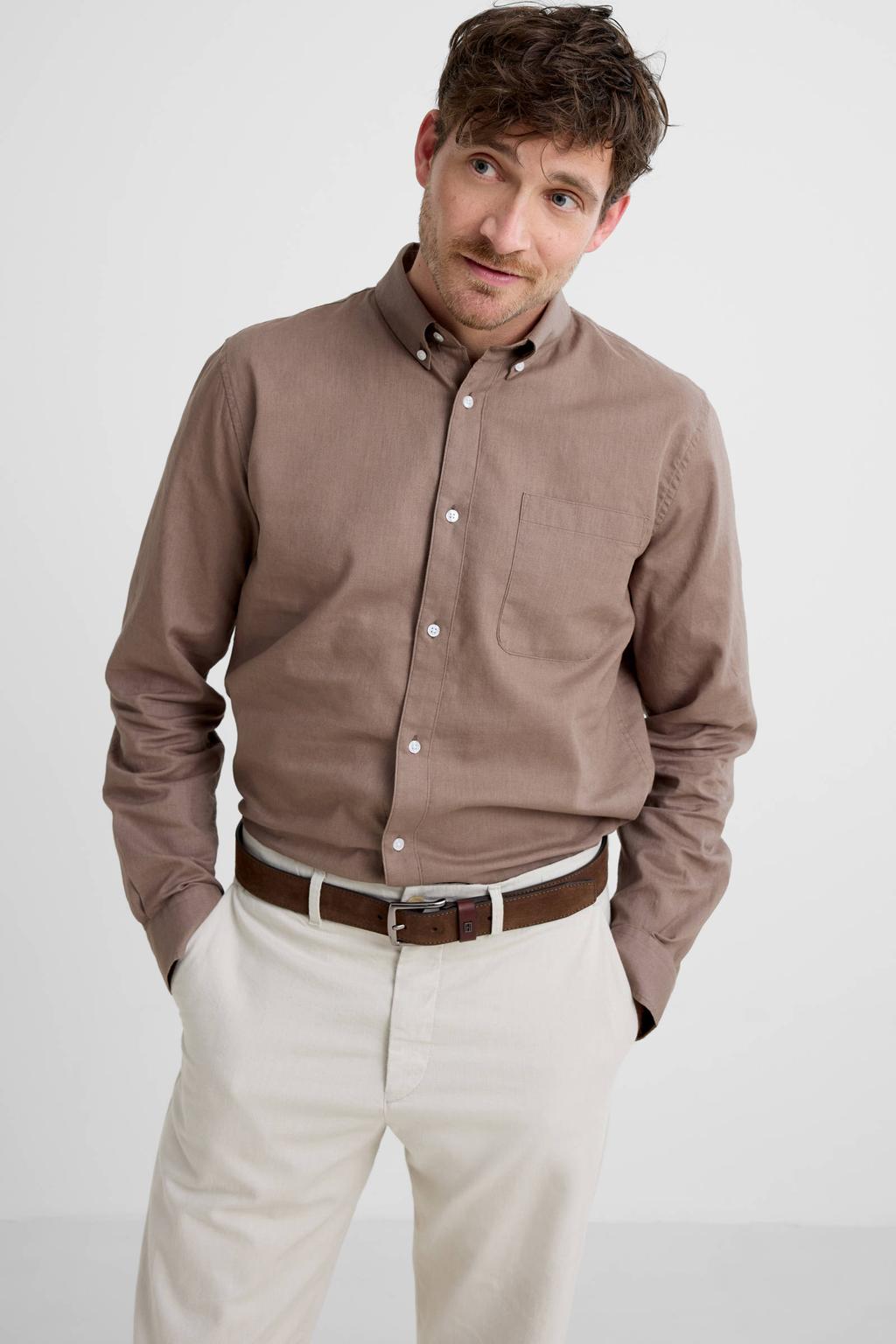 Bruine heren Matinique regular casual overhemd van linnen met melée print, lange mouwen, button down sluiting en knoopsluiting