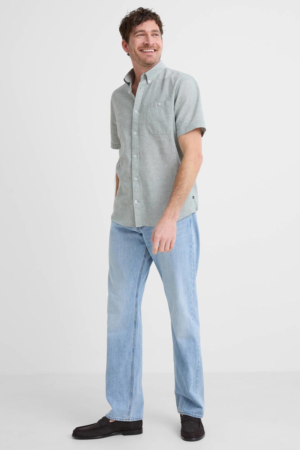 Groene heren Matinique katoenen regular fit gemêleerd overhemd met melée print, korte mouwen en button down sluiting