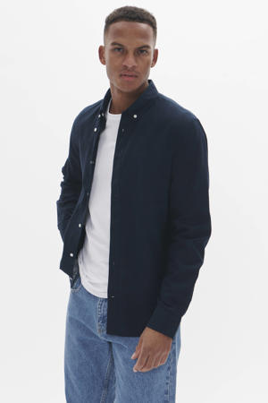 regular casual overhemd met linnen donkerblauw