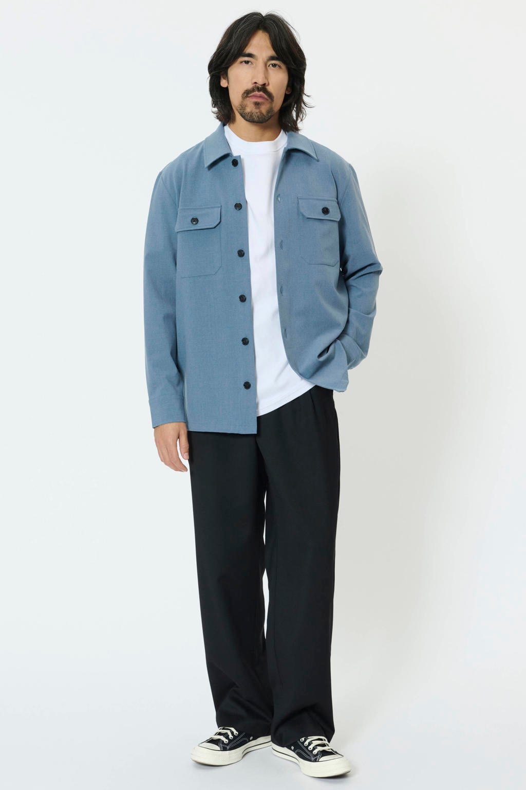 Blauwe heren Matinique overshirt van polyester met effen, lange mouwen, klassieke kraag en knoopsluiting