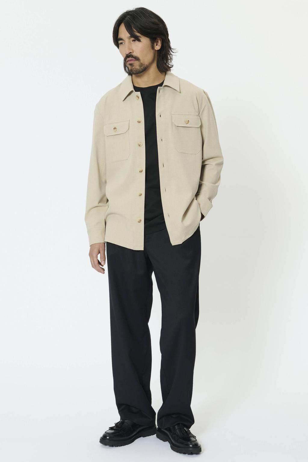 Beige heren Matinique overshirt van polyester met effen, lange mouwen, klassieke kraag en knoopsluiting