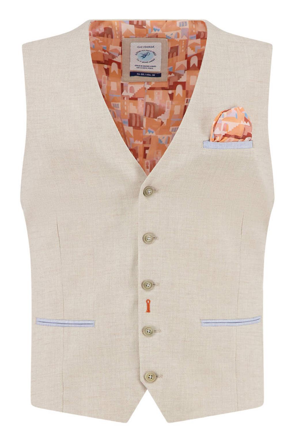 Beige heren A fish named Fred gilet van linnen met effen