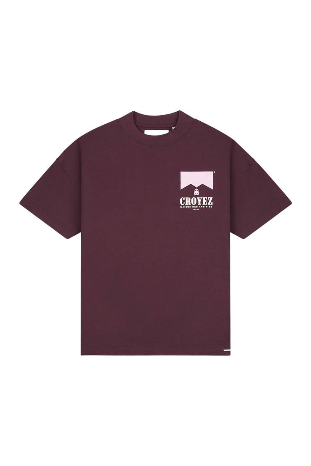 Donkerrode heren Croyez oversized T-shirt van katoen met backprint, korte mouwen en ronde hals