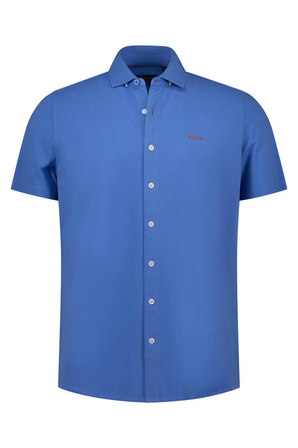 Blauwe heren New Zealand Auckland regular casual overhemd van katoen met effen, korte mouwen, klassieke kraag en knoopsluiting