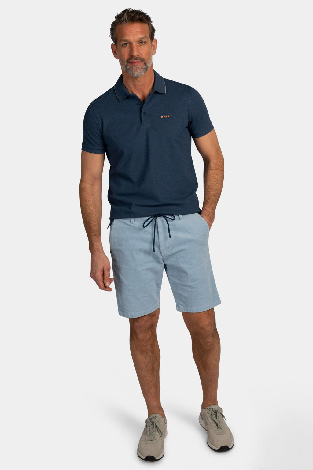 Grijsblauwe heren New Zealand Auckland regular polo blauw van katoen met effen, korte mouwen en knoopsluiting