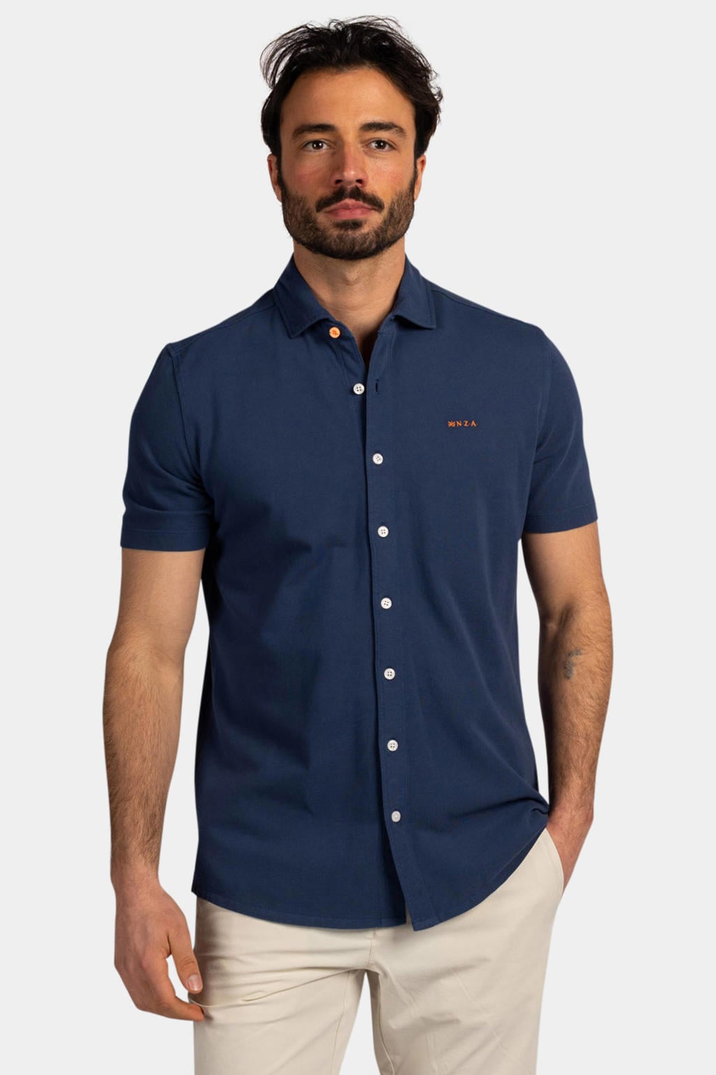 Donkerblauwe heren New Zealand Auckland regular casual overhemd van katoen met effen, korte mouwen, klassieke kraag en knoopsluiting