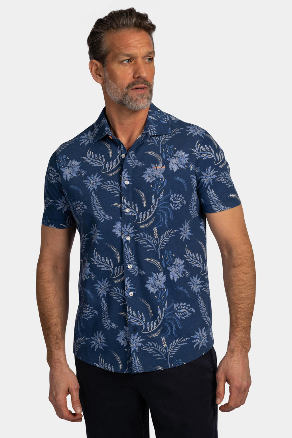 Donkerblauwe heren New Zealand Auckland regular casual overhemd van katoen met korte mouwen, klassieke kraag en knoopsluiting