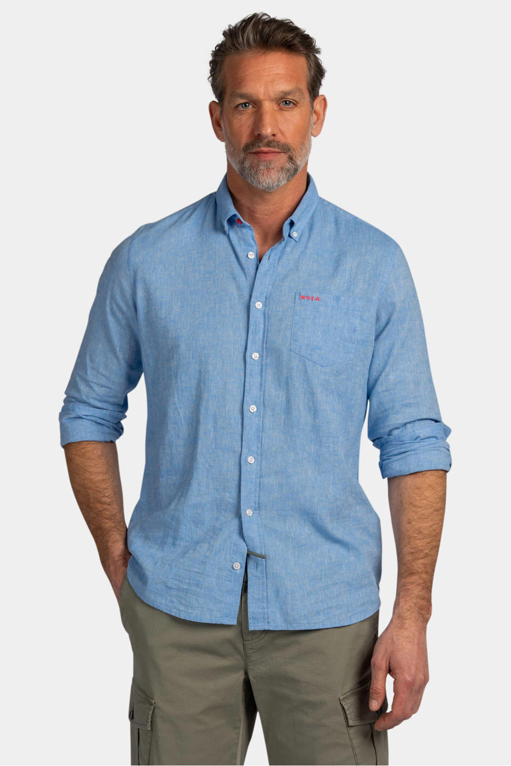 Blauwe heren New Zealand Auckland regular casual overhemd van linnen met effen, lange mouwen, button down sluiting en knoopsluiting