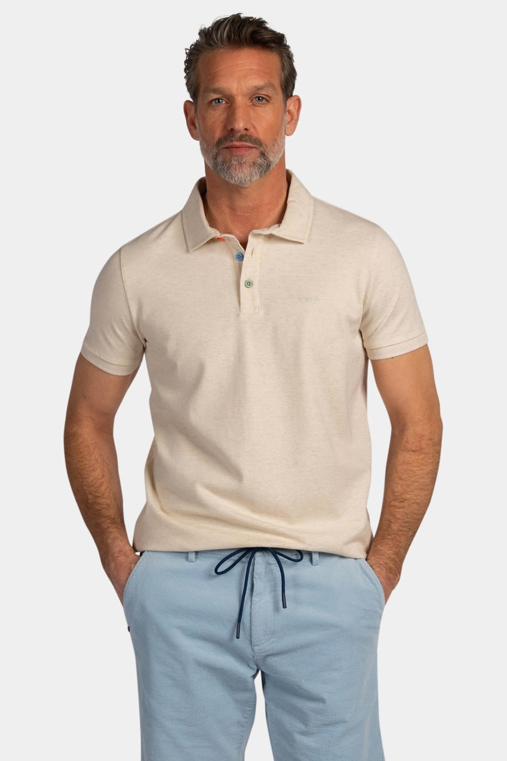 Beige heren New Zealand Auckland regular polo van katoen met effen, korte mouwen, knoopsluiting en pique