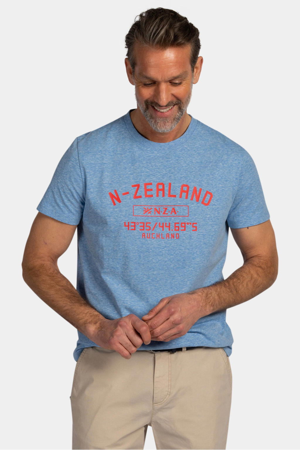 Blauwe heren New Zealand Auckland regular T-shirt van katoen met melée print, korte mouwen en ronde hals