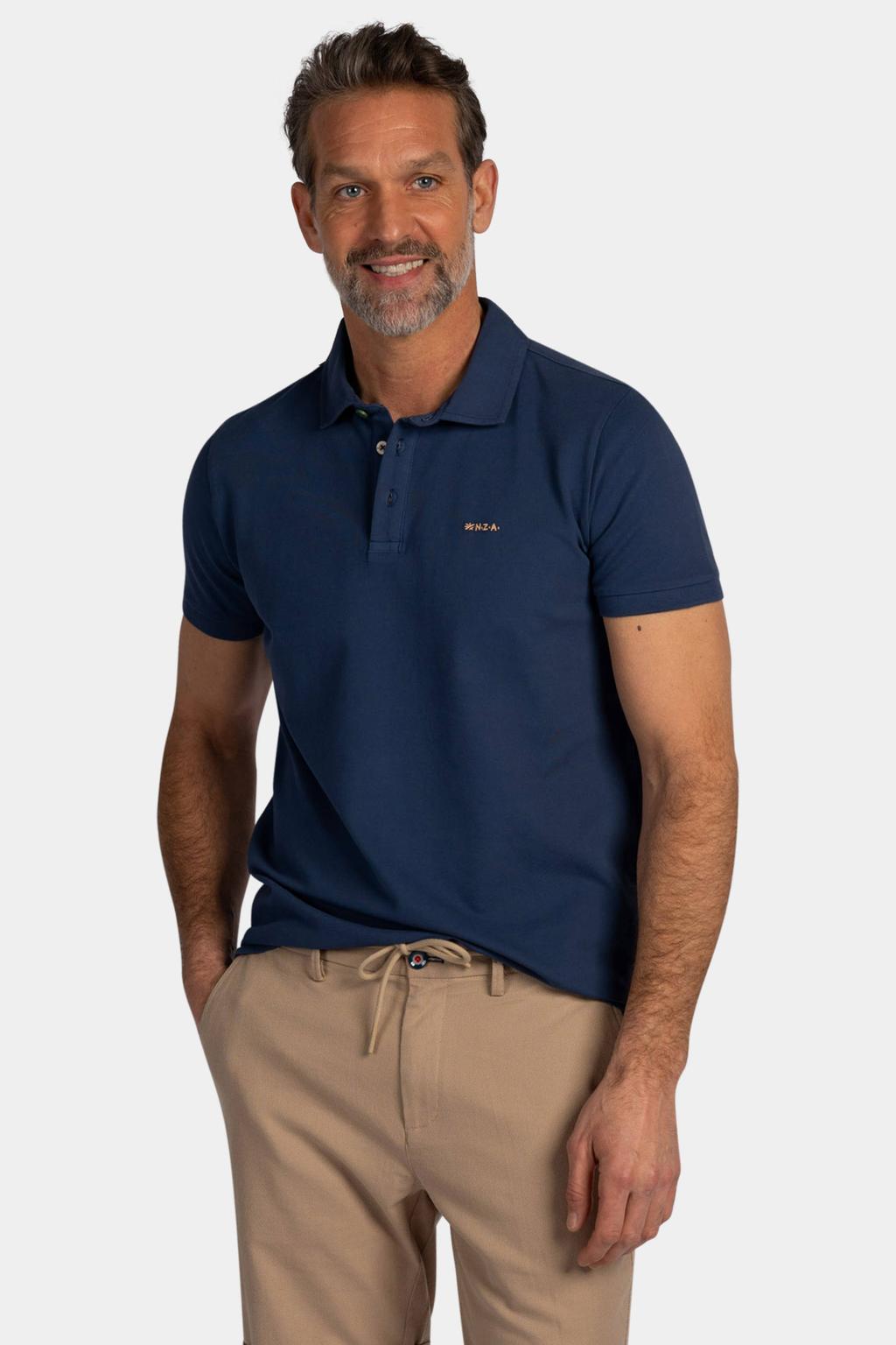 Donkerblauwe heren New Zealand Auckland regular polo van katoen met effen, korte mouwen, knoopsluiting en pique