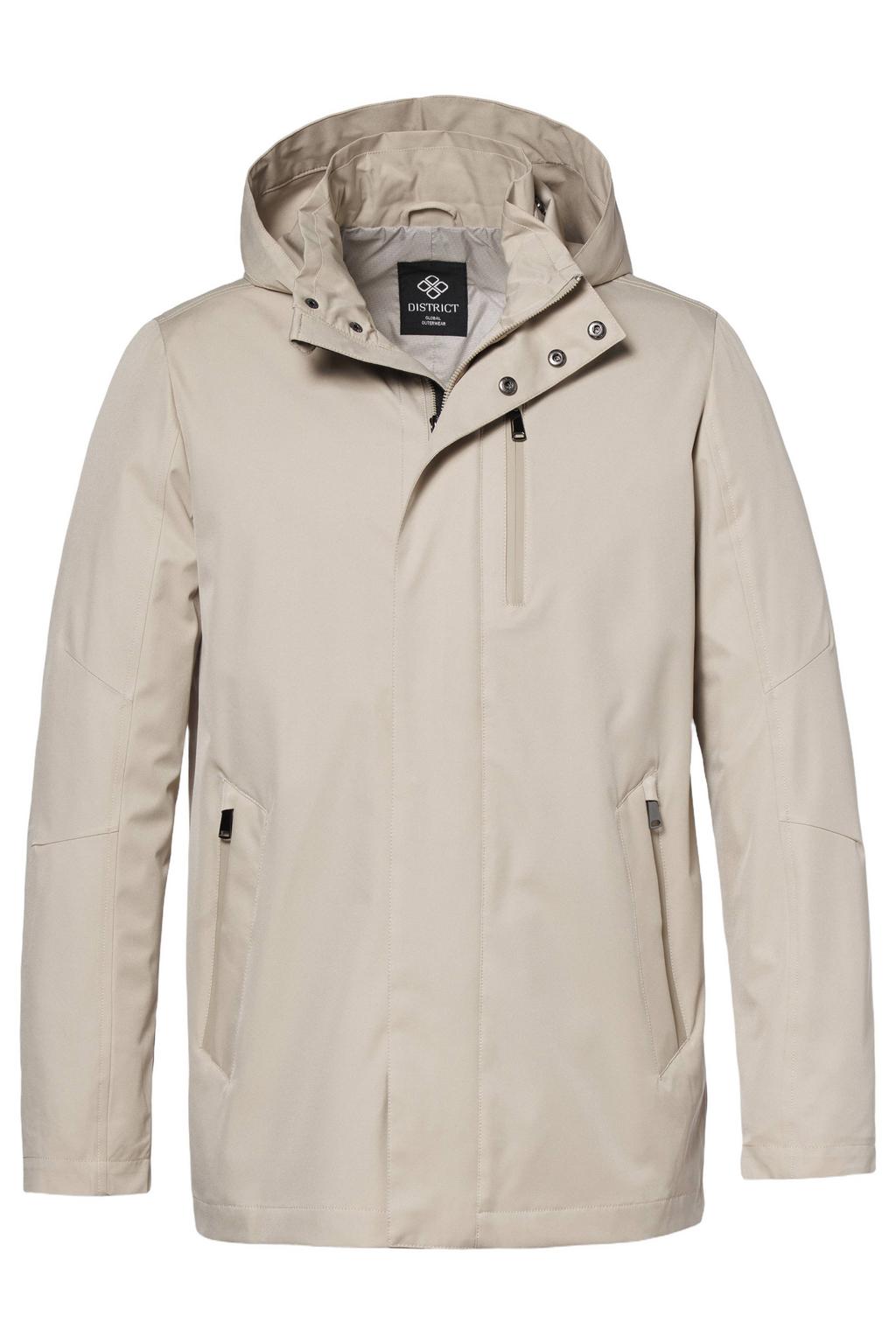 Beige heren District parka van polyester met effen, lange mouwen, capuchon en rits- en drukknoopsluiting