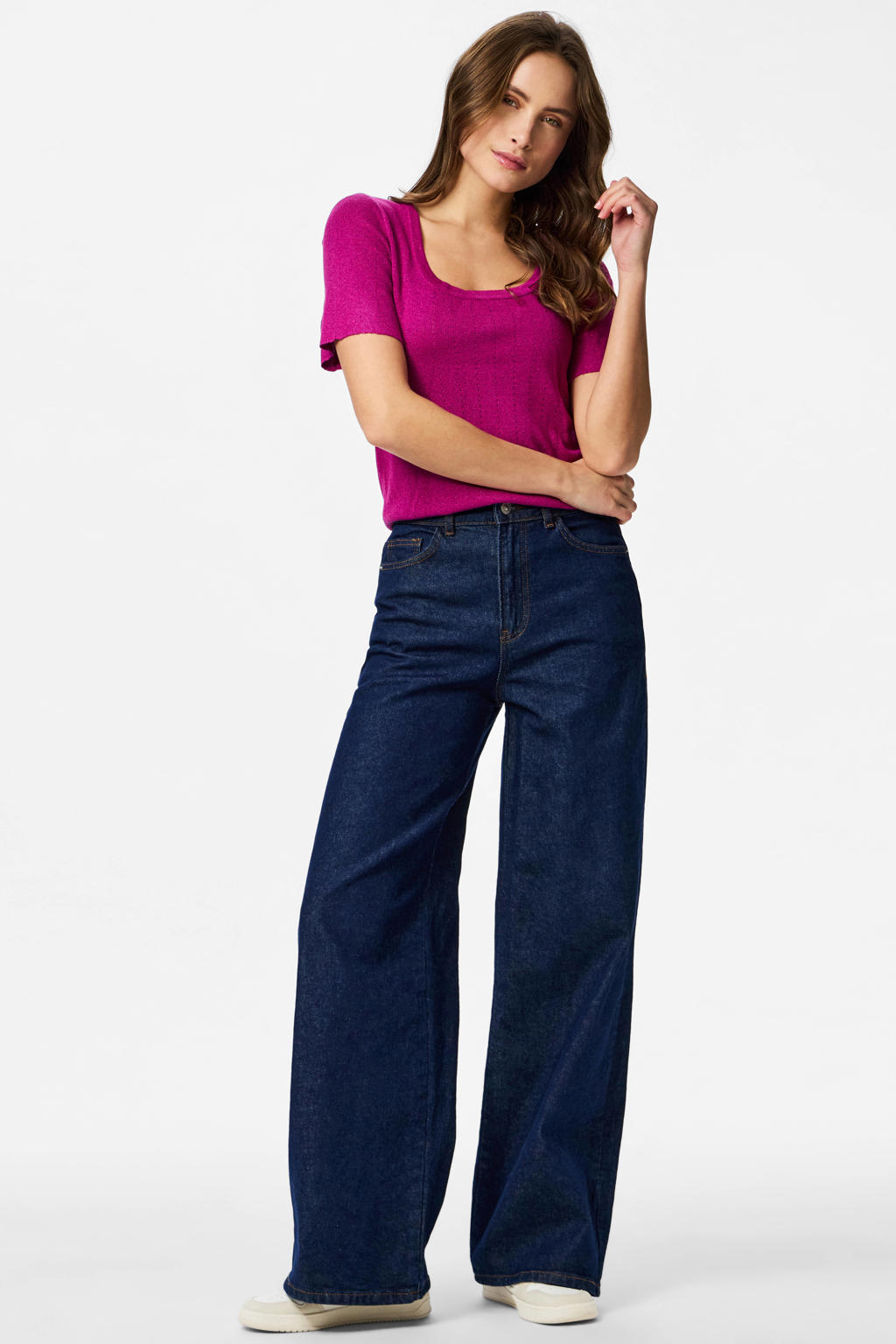 Roze dames PIECES top gebreid van viscose met effen, korte mouwen en vierkante hals