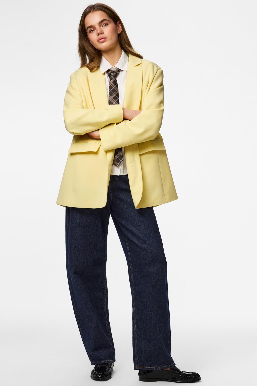 Lichtgele dames PIECES oversized blazer van polyester met effen, lange mouwen, reverskraag en knoopsluiting