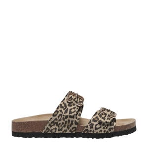 Onlmaxi-13 Leo Strap Buckle Sandal leren slippers met panterprint beige/zwart