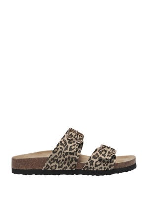 Onlmaxi-13 Leo Strap Buckle Sandal leren slippers met panterprint beige/zwart
