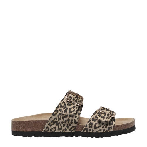 ONLY Onlmaxi-13 Leo Strap Buckle Sandal leren slippers met panterprint beige/zwart afbeelding