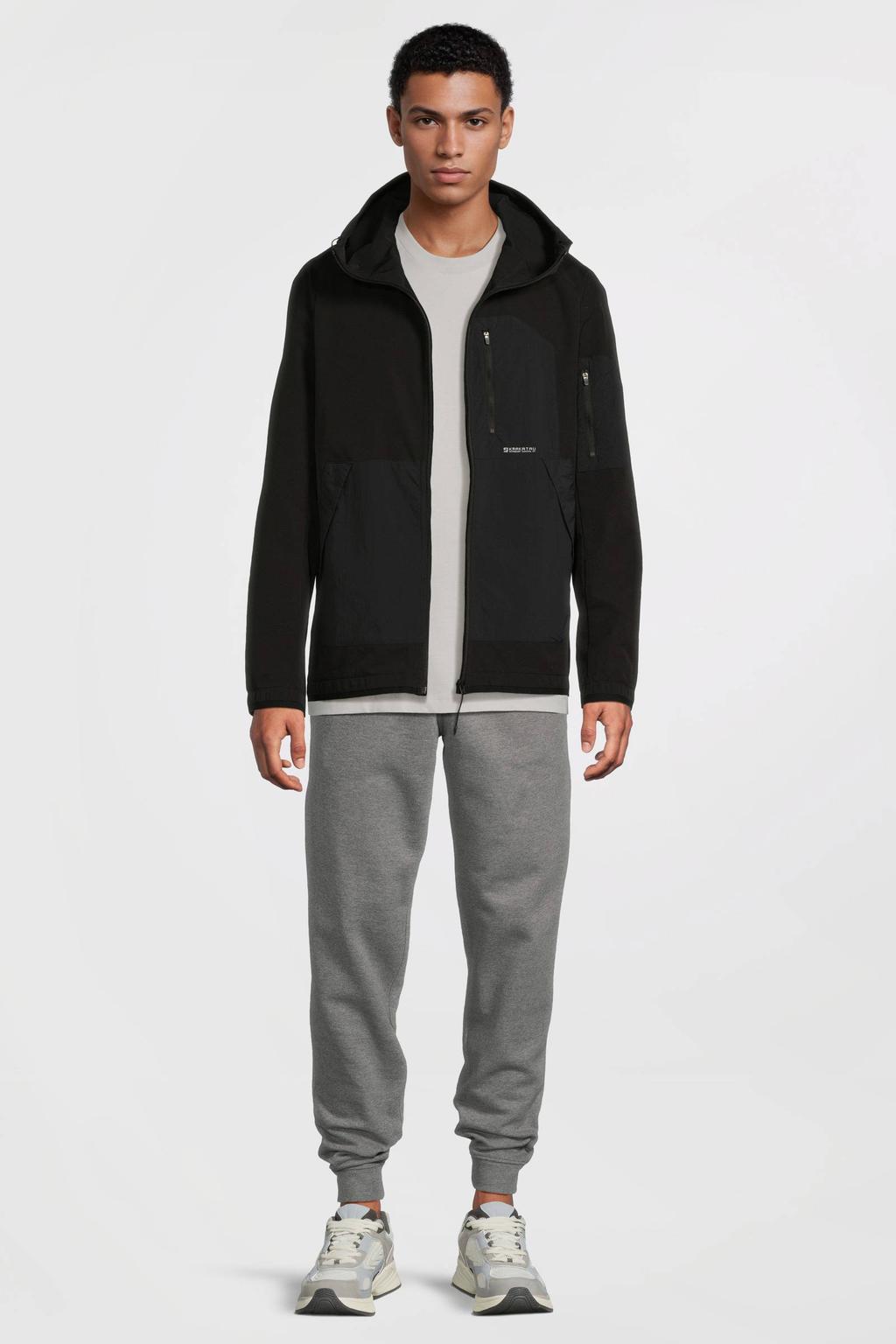 Zwarte heren KRAKATAU softshell jas met effen, lange mouwen, capuchon en ritssluiting