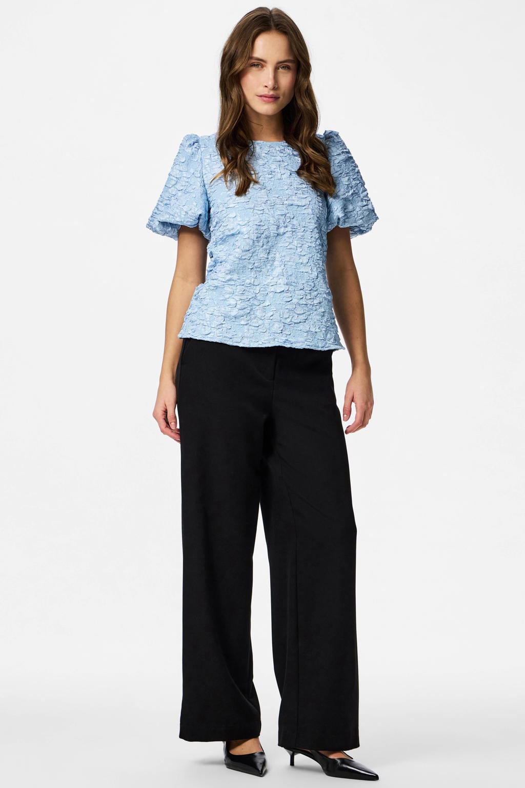 Lichtblauwe dames PIECES top van polyester met effen, korte mouwen, ronde hals en jacquard