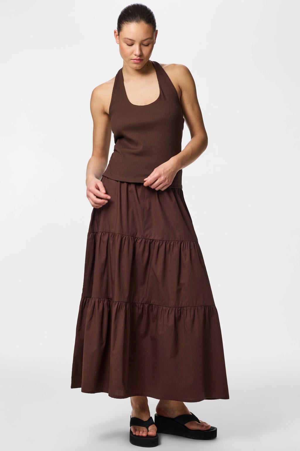 Bruine dames PIECES maxi rok gemaakt van katoen en met elastische tailleband